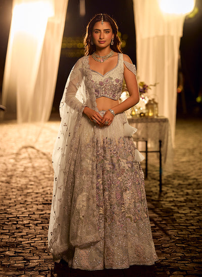 Off White Floral Hand Embroidered Bridal Lehenga Choli