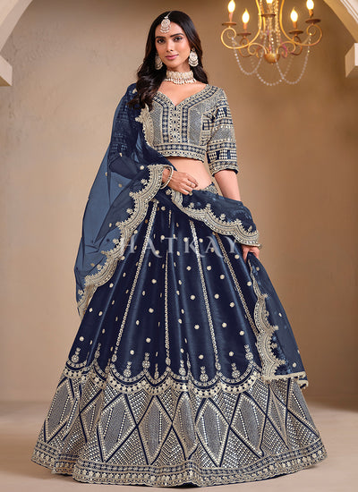 Dark Blue Embroidered Silk Lehenga Choli