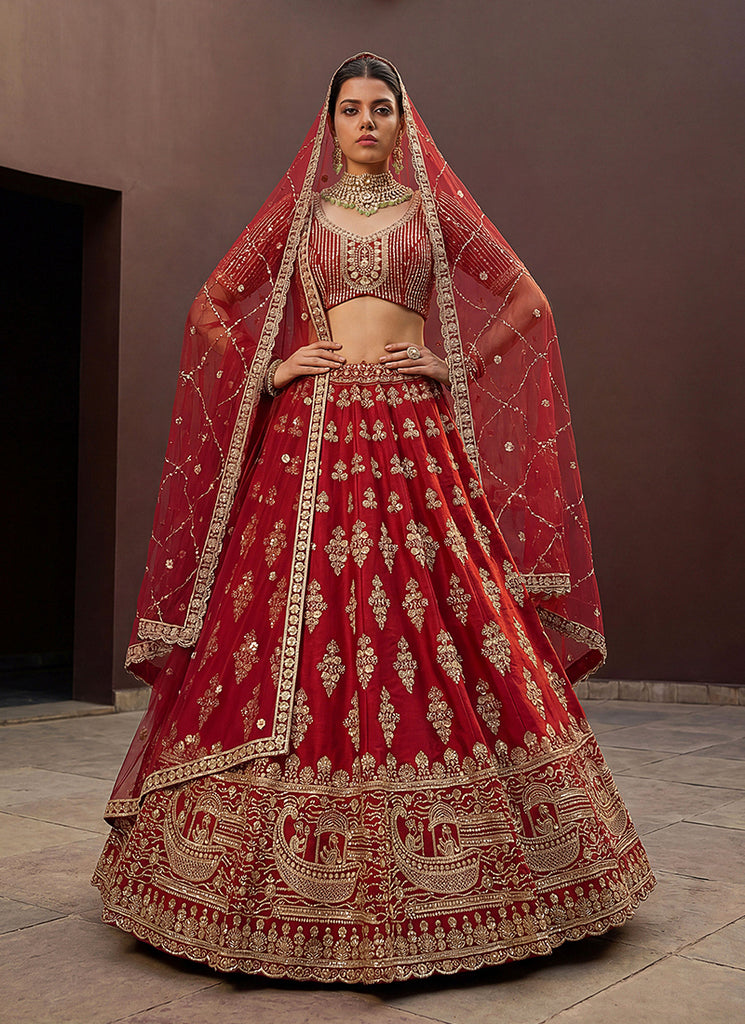 Bridal Red Traditional Embroidered Silk Lehenga Choli