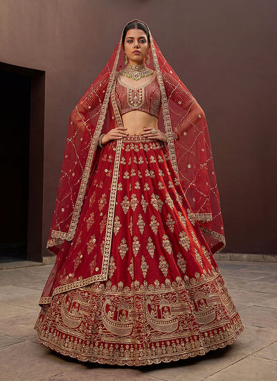 Bridal Red Traditional Embroidered Silk Lehenga Choli