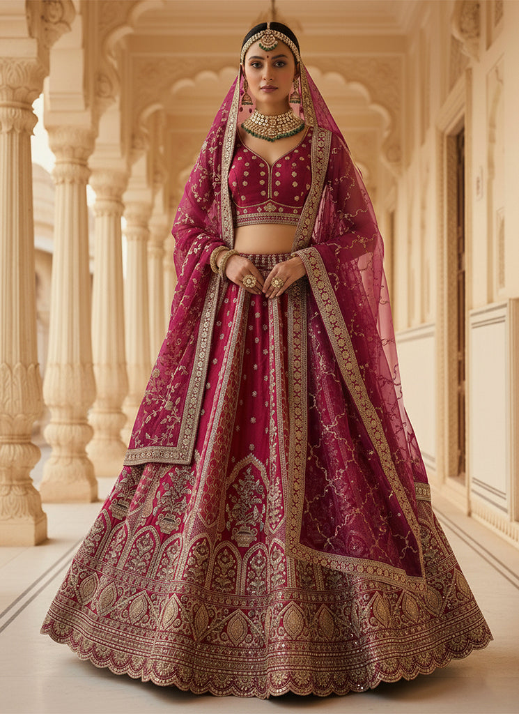 Rich Pink Multi Embroidery Wedding Lehenga Choli