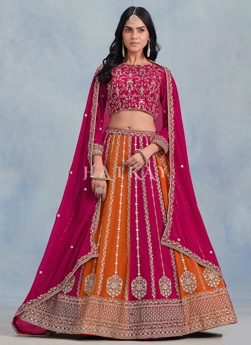 Pink And Orange Embroidered Wedding Lehenga Choli