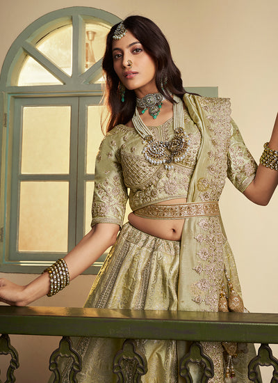 Sage Green Traditional Embroidered Bridal Lehenga Choli