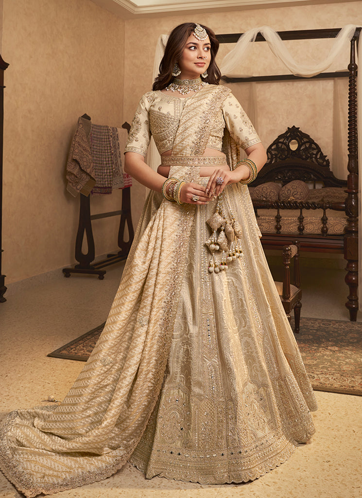 Cream Beige Traditional Embroidered Bridal Lehenga Choli
