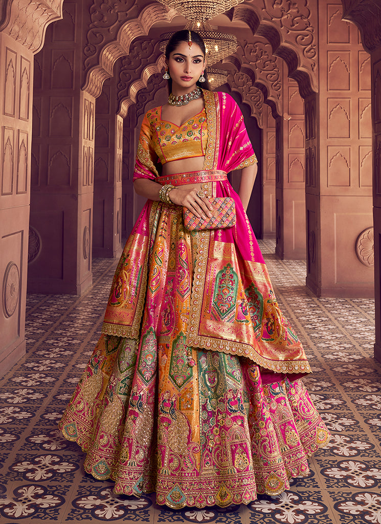 Rani Pink and Orange Embroidered Bridal Lehenga Choli