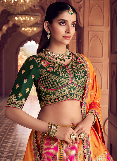 Mustard Yellow and Green Embroidered Bridal Lehenga Choli
