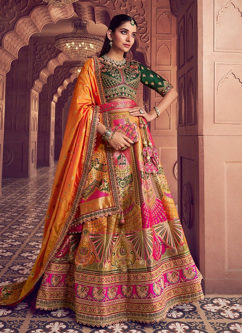 Mustard Yellow and Green Embroidered Bridal Lehenga Choli
