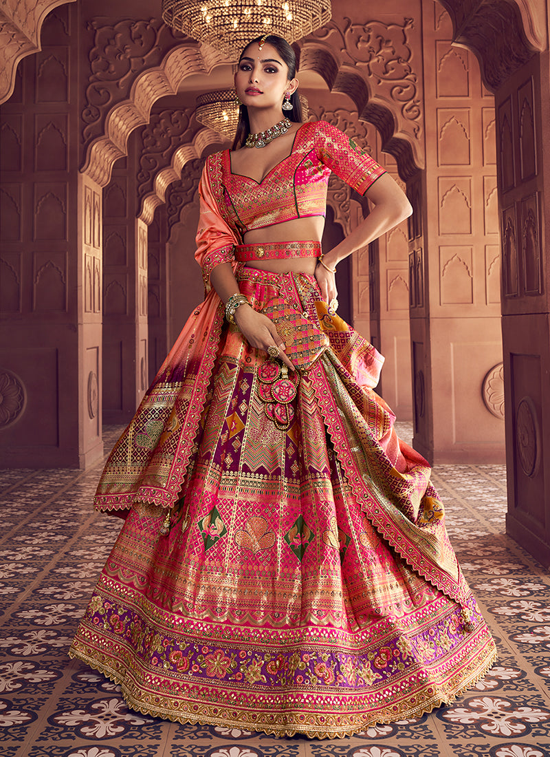Coral Peach and Pink Embroidered Bridal Lehenga Choli
