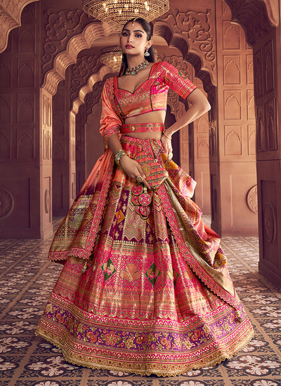 Coral Peach and Pink Embroidered Bridal Lehenga Choli