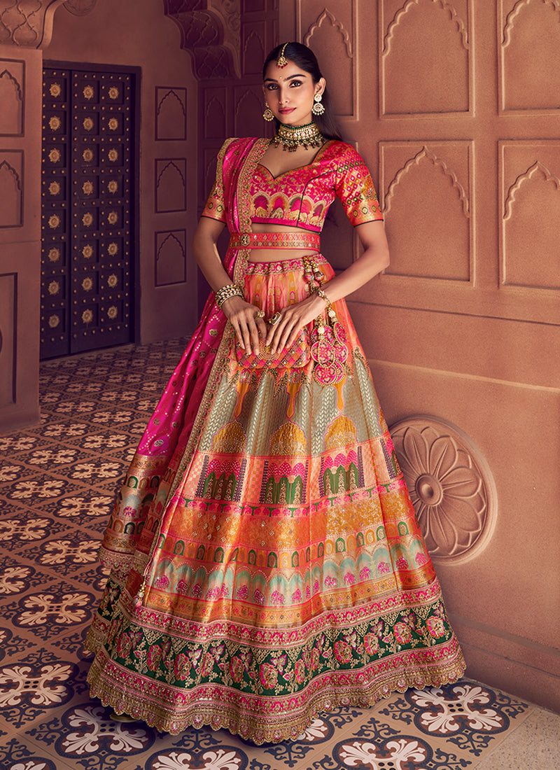 Hot Pink and Yellow Embroidered Bridal Lehenga Choli