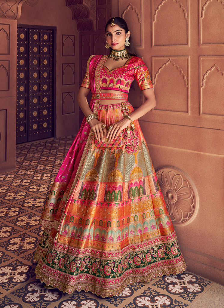 Hot Pink and Yellow Embroidered Bridal Lehenga Choli
