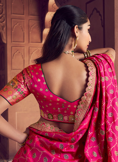 Hot Pink and Yellow Embroidered Bridal Lehenga Choli