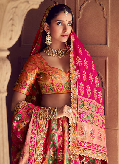 Magenta Pink and Orange Embroidered Bridal Lehenga Choli