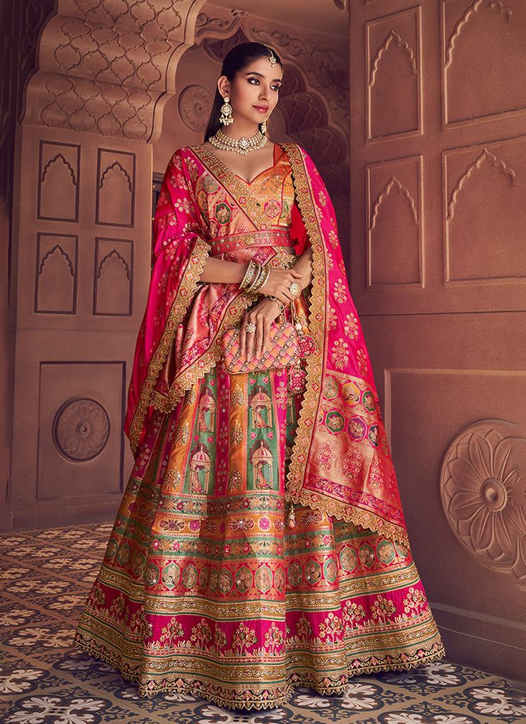 Magenta Pink and Orange Embroidered Bridal Lehenga Choli