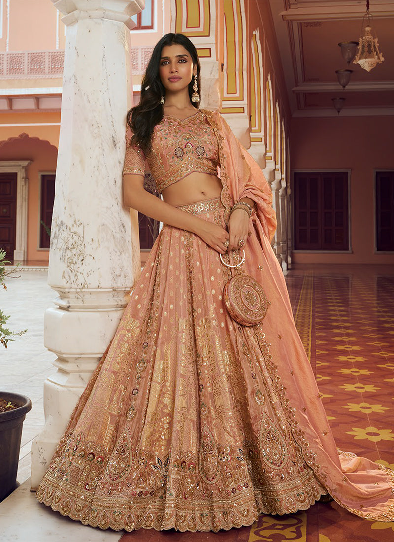 Peach Multi Embroidery Wedding Lehenga Choli