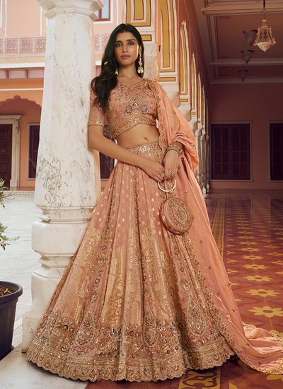 Peach Multi Embroidery Wedding Lehenga Choli
