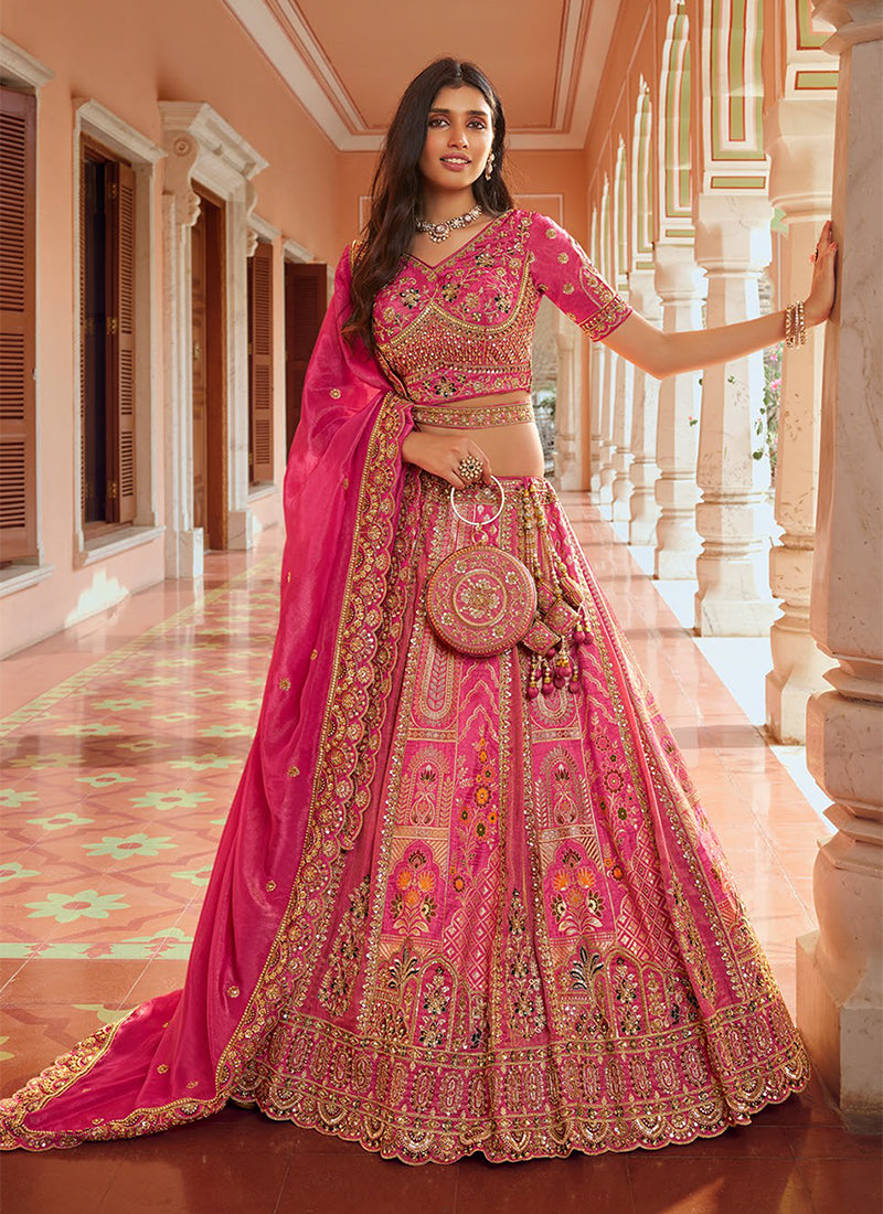 Hot Pink Multi Embroidery Wedding Lehenga Choli