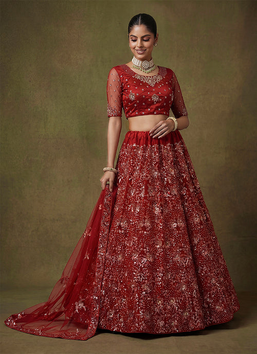 Deep Red Embroidered Net Lehenga Choli