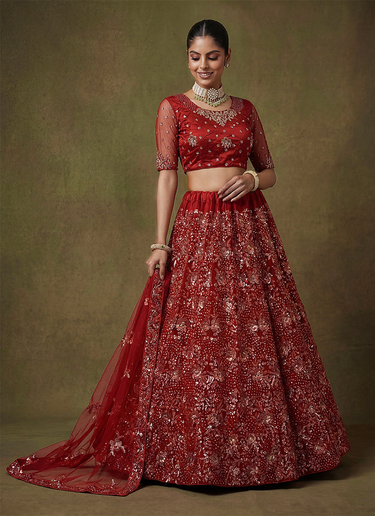 Deep Red Embroidered Net Lehenga Choli
