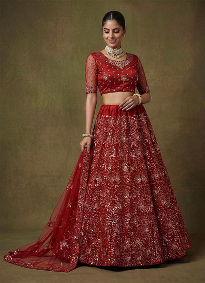 Deep Red Embroidered Net Lehenga Choli