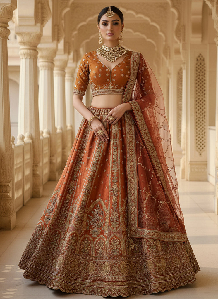 Rust Orange Multi Embroidery Wedding Lehenga Choli