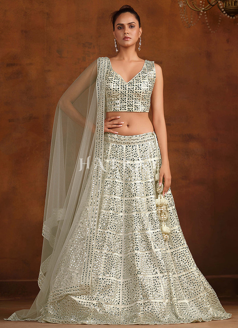 Off White Mirror Embroidery Lehenga Choli