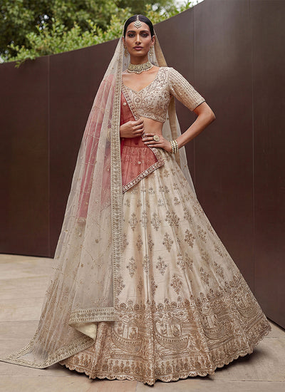 Ivory Cream Traditional Embroidered Silk Lehenga Choli