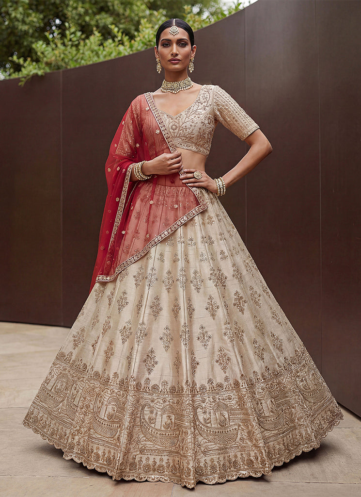 Ivory Cream Traditional Embroidered Silk Lehenga Choli