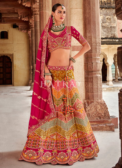 Magenta Pink Multicolored Embroidery Silk Lehenga Choli