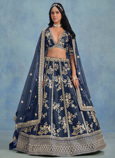 Dark Blue Embroidery Wedding Lehenga Choli