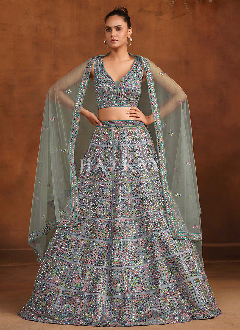 Mist Blue Mirror Embroidery Lehenga Choli