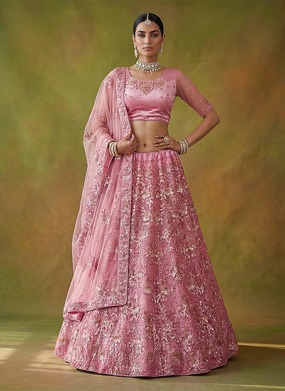 Light Pink Embroidered Net Lehenga Choli