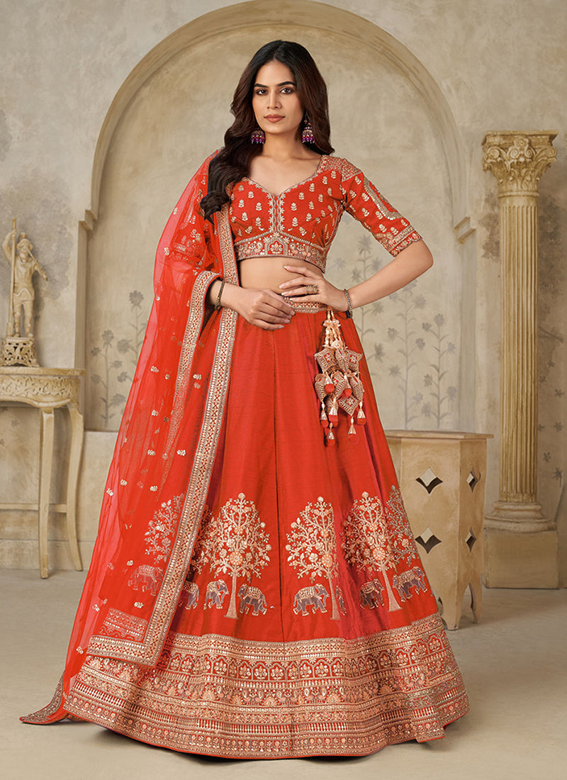 Orange Multi Embroidery Bridal Lehenga Choli