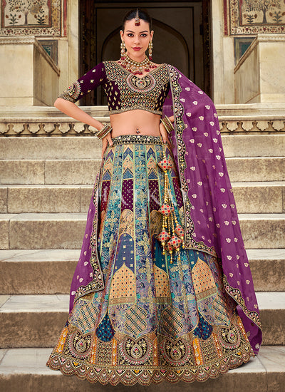 Purple And Blue Embroidery Silk Lehenga Choli