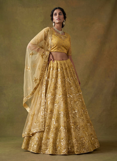 Yellow Embroidered Net Lehenga Choli