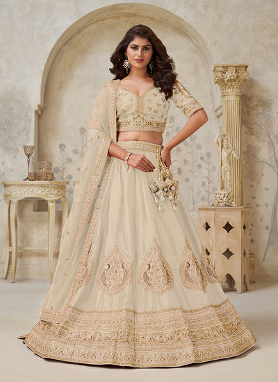 Cream Beige Multi Embroidery Bridal Lehenga Choli