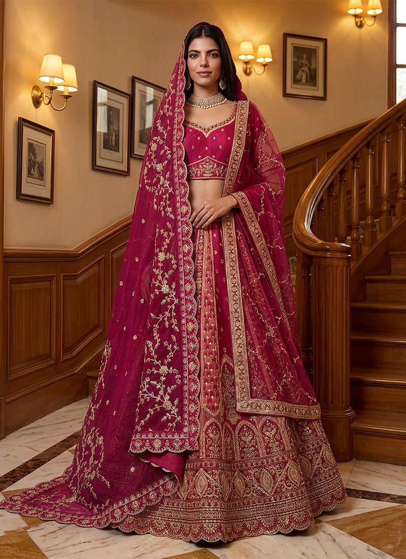 Rani Pink Embroidered Wedding Lehenga Choli