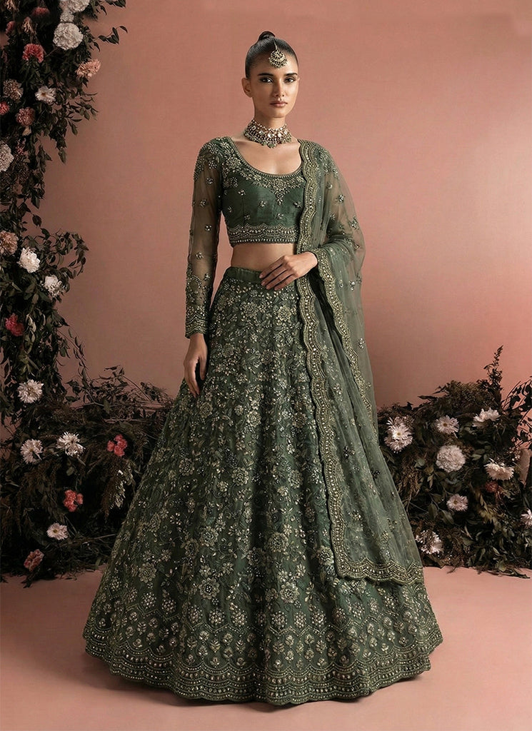 Olive Green Embroidered Traditional Lehenga Choli