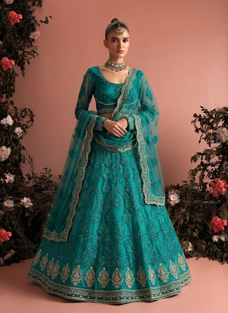 Teal Embroidered Net Wedding Lehenga Choli