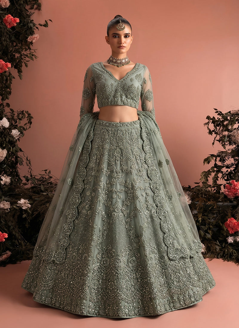 Pale Green Embroidered Net Wedding Lehenga Choli