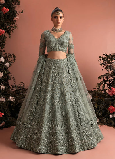 Pale Green Embroidered Net Wedding Lehenga Choli