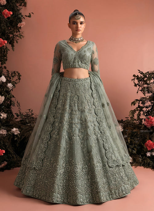 Pale Green Embroidered Net Wedding Lehenga Choli