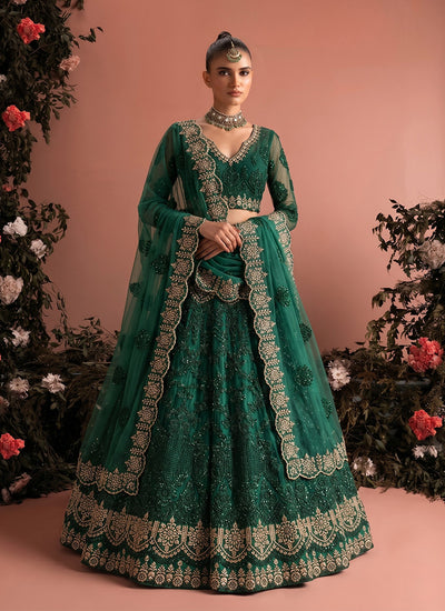 Green Embroidered Net Wedding Lehenga Choli