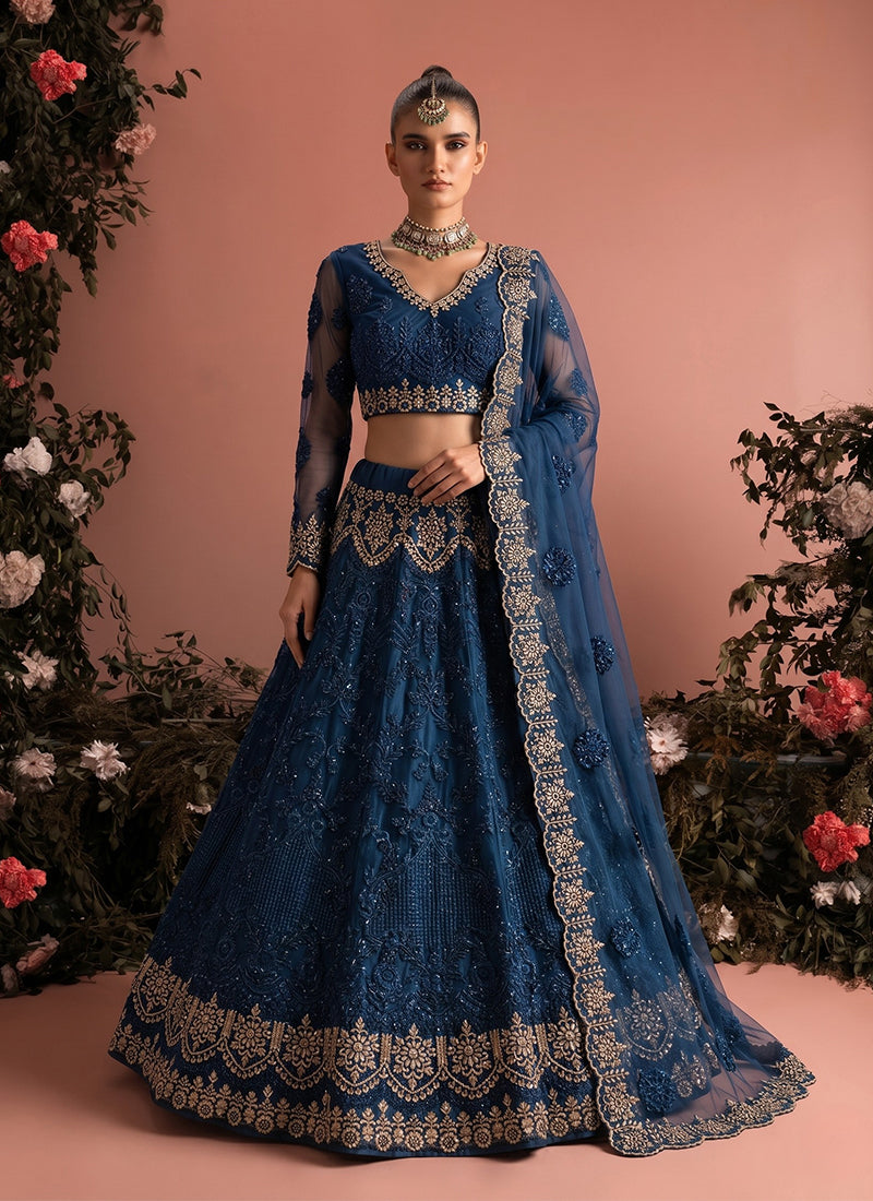 Navy Blue Embroidered Net Wedding Lehenga Choli