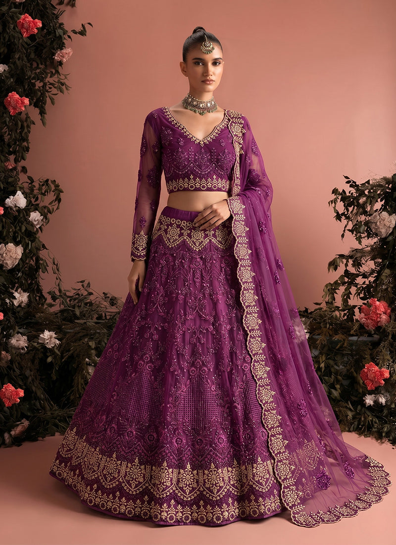 Wine Purple Embroidered Net Wedding Lehenga Choli