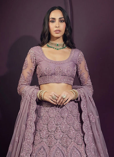 Lavender Net Embroidered Wedding Lehenga Choli