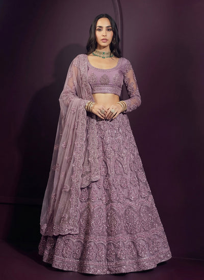 Lavender Net Embroidered Wedding Lehenga Choli
