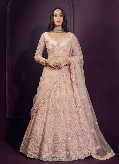 Blush Pink Net Embroidered Wedding Lehenga Choli