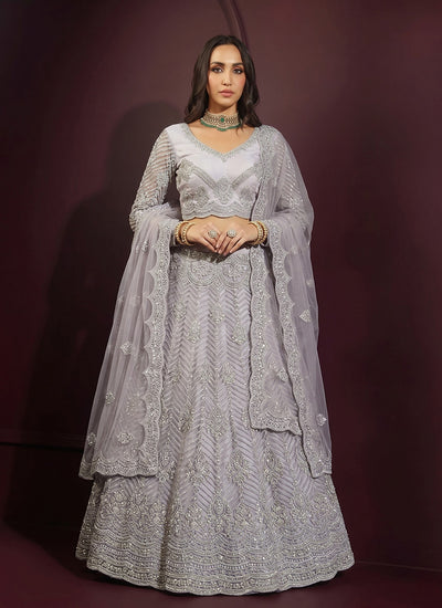 Blue Net Embroidered Wedding Lehenga Choli