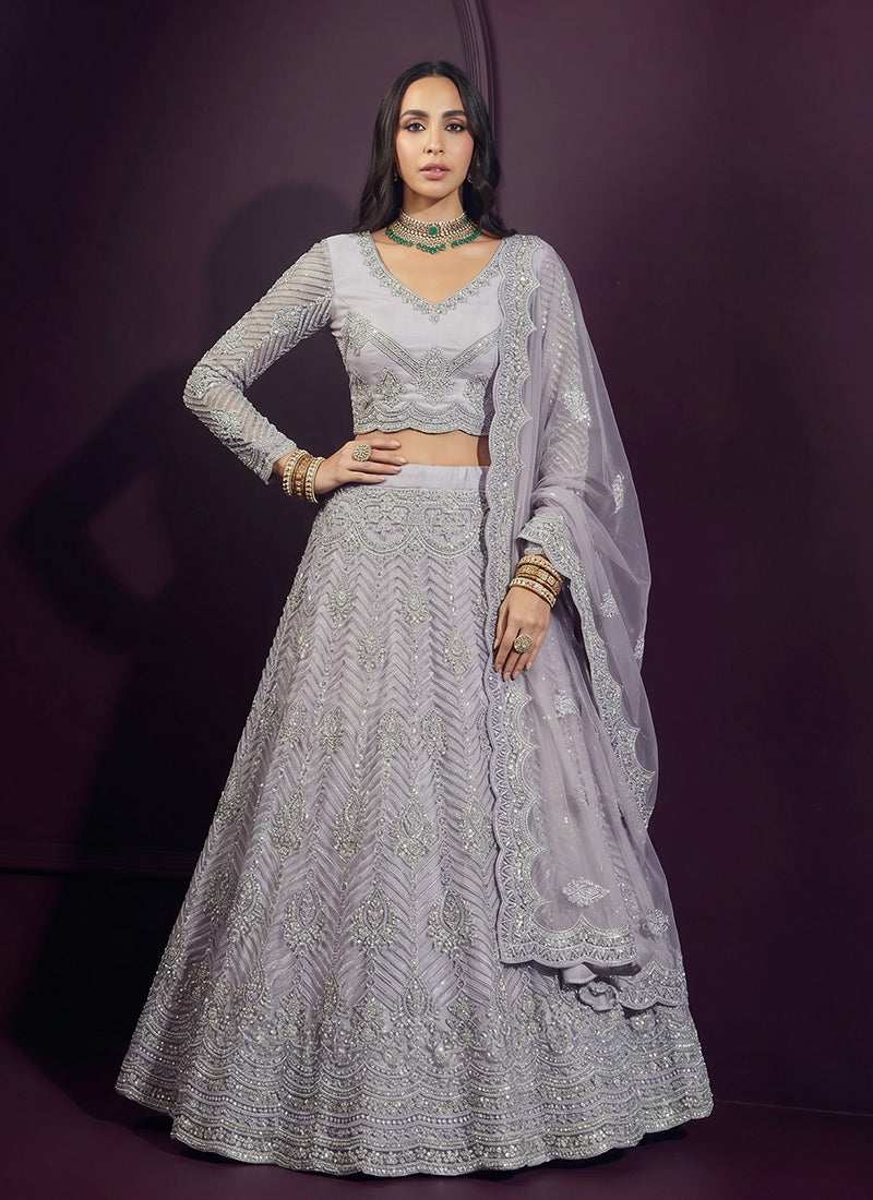 Blue Net Embroidered Wedding Lehenga Choli